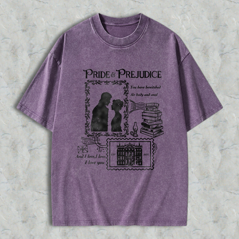 Wardrobecart Pride And Prejudice Literary Romance Quote With Couple Silhouette Books And Mansion Design Unisex Washed T-shirt
