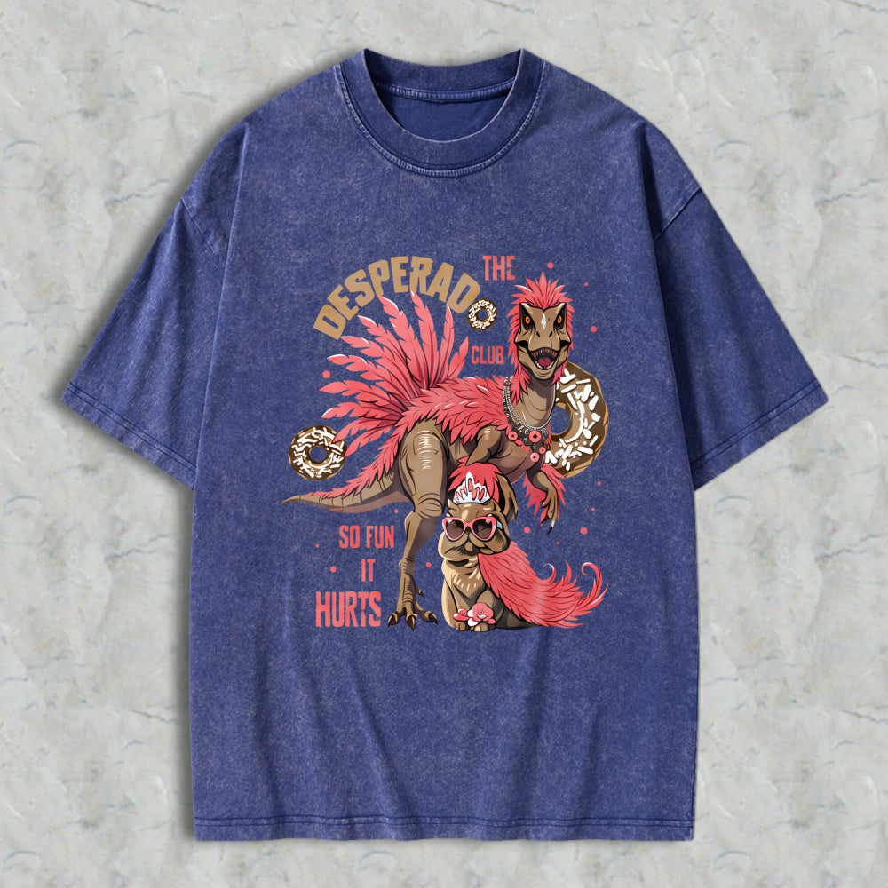 Wardrobecart Desperado Club Dinosaur With Donuts And Pink Hair Unisex Washed T-shirt