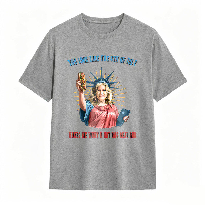 Statue Of Liberty Holding Hot Dog And Tablet With Fourth Of July Text T-shirt