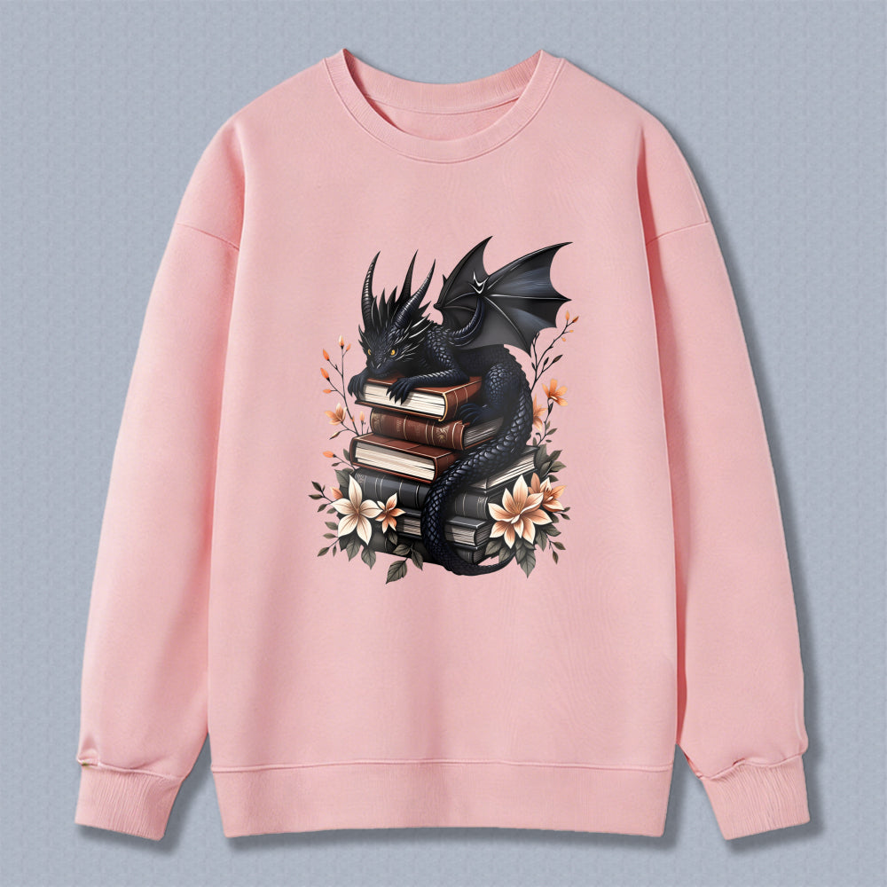 Wardrobecart Dragon And Books With Flowers Unisex Classic Sweatshirt
