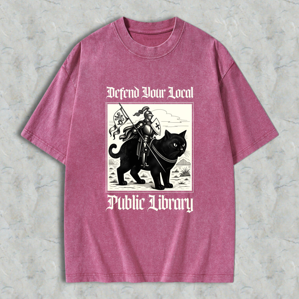 Wardrobecart Defend Your Local Public Library Cat Knight Unisex Washed T-shirt