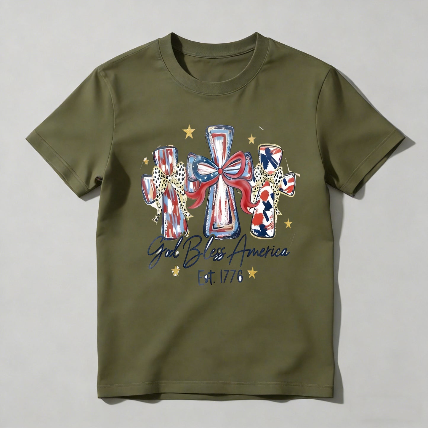Patriotic Crosses With American Flag Design And God Bless America Text T-shirt