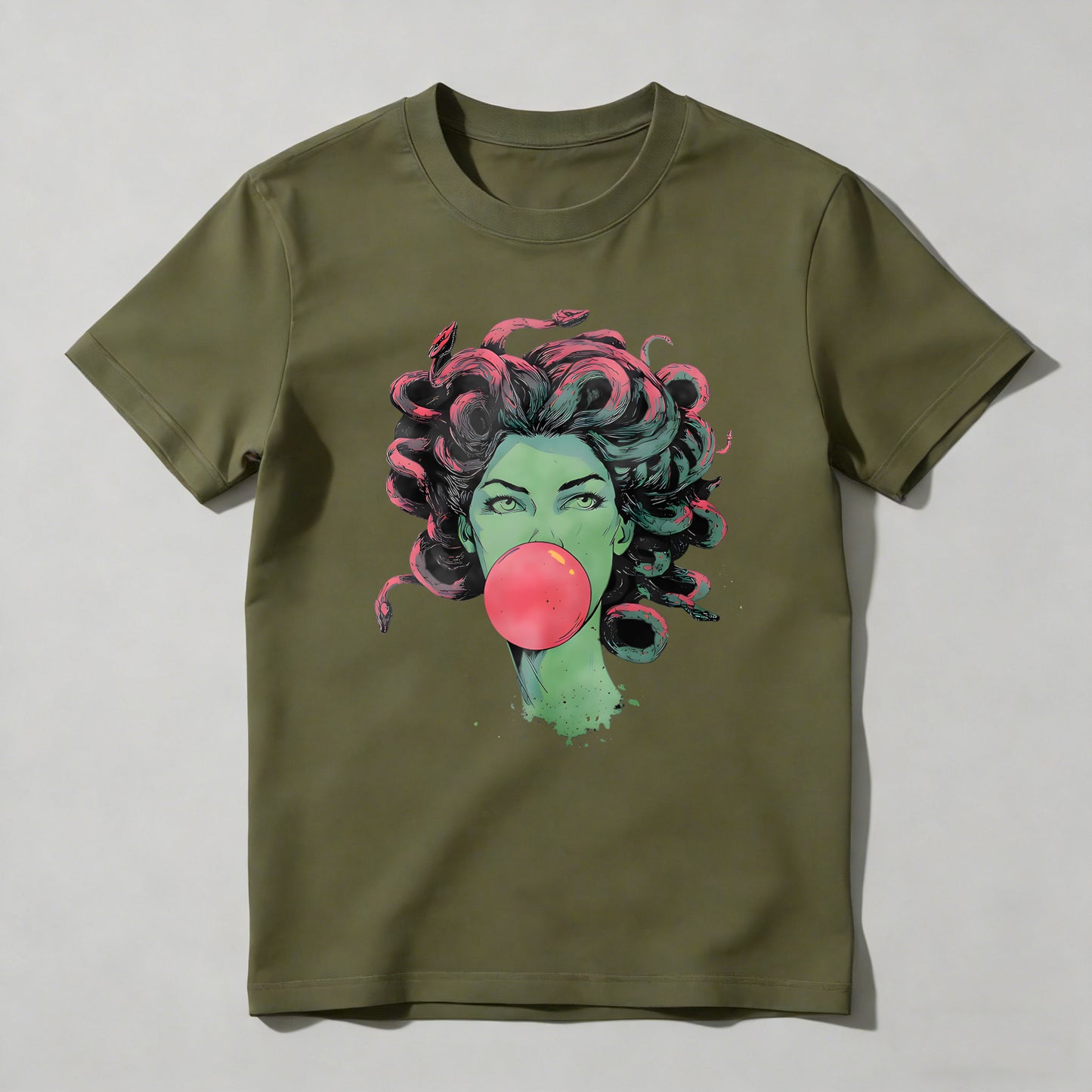 Green Woman With Pink Hair Blowing Bubblegum T-shirt