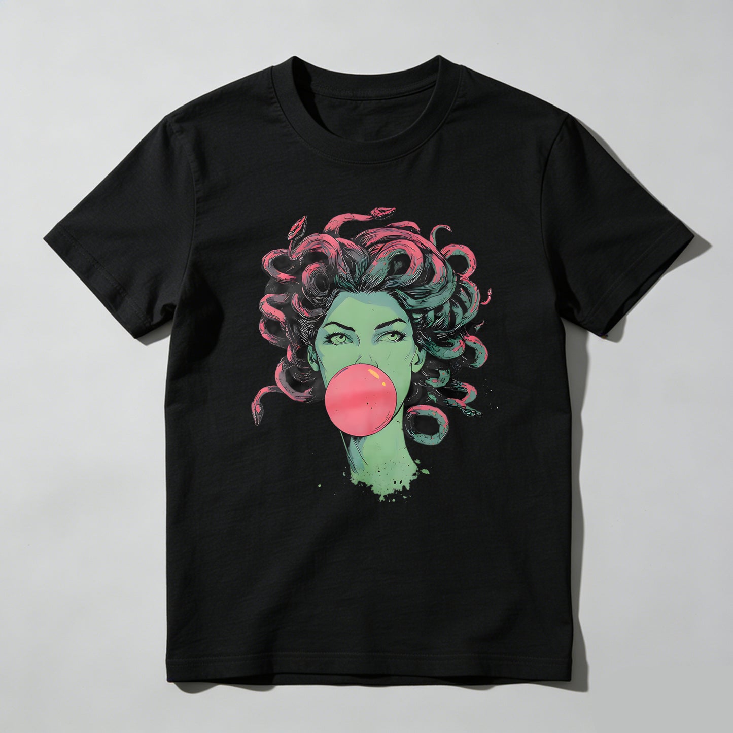 Green Woman With Pink Hair Blowing Bubblegum T-shirt