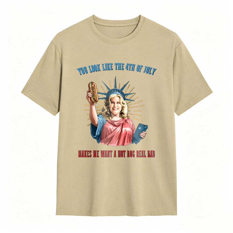 Statue Of Liberty Holding Hot Dog And Tablet With Fourth Of July Text T-shirt