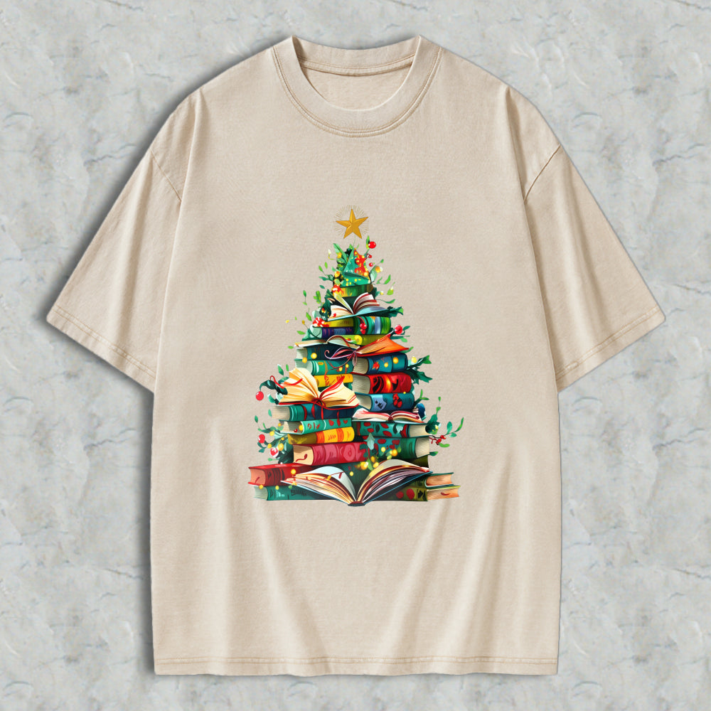 Wardrobecart Christmas Tree Made Of Books Unisex Washed T-shirt
