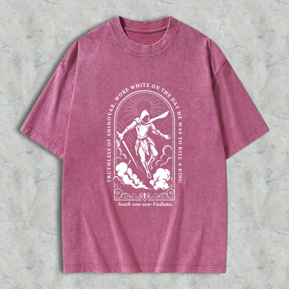 Wardrobecart Reaper With Sword And Scythe Standing On Clouds In Arch Design With Quote Truthless Of Sinovar Wore White On The Day He Was To Kill A King Seeth Son Son Vailano Unisex Washed T-shirt