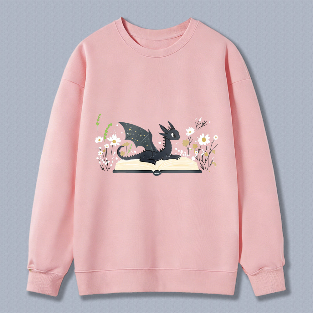 Wardrobecart Dragon Reading Book With Flowers And Plants Unisex Classic Sweatshirt