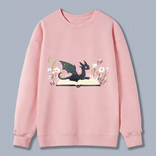 Wardrobecart Dragon Reading Book With Flowers And Plants Unisex Classic Sweatshirt