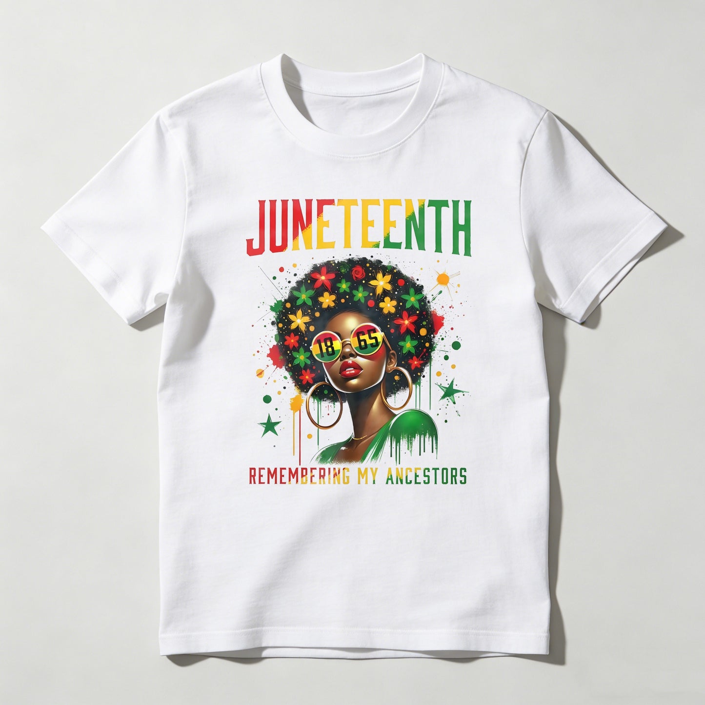 Juneteenth Celebration With Woman Wearing Sunglasses And Floral Hair Design Remembering My Ancestors T-shirt