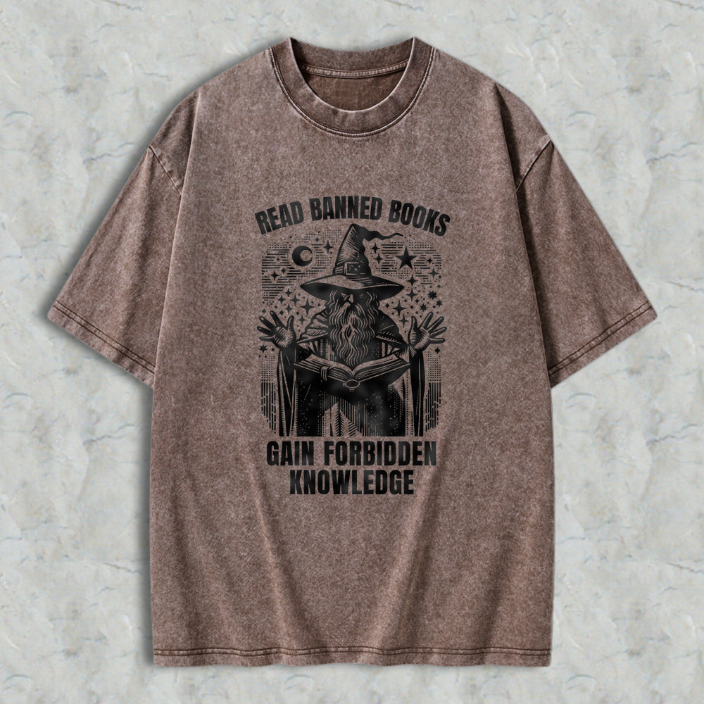 Wardrobecart Read Banned Books Gain Forbidden Knowledge Wizard With Open Book And Stars Unisex Washed T-shirt