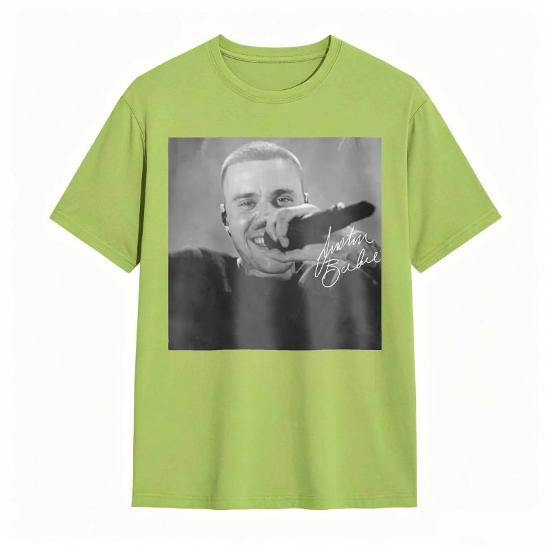 Justin Bieber Singing With Microphone Signature tshirt 100% cotton