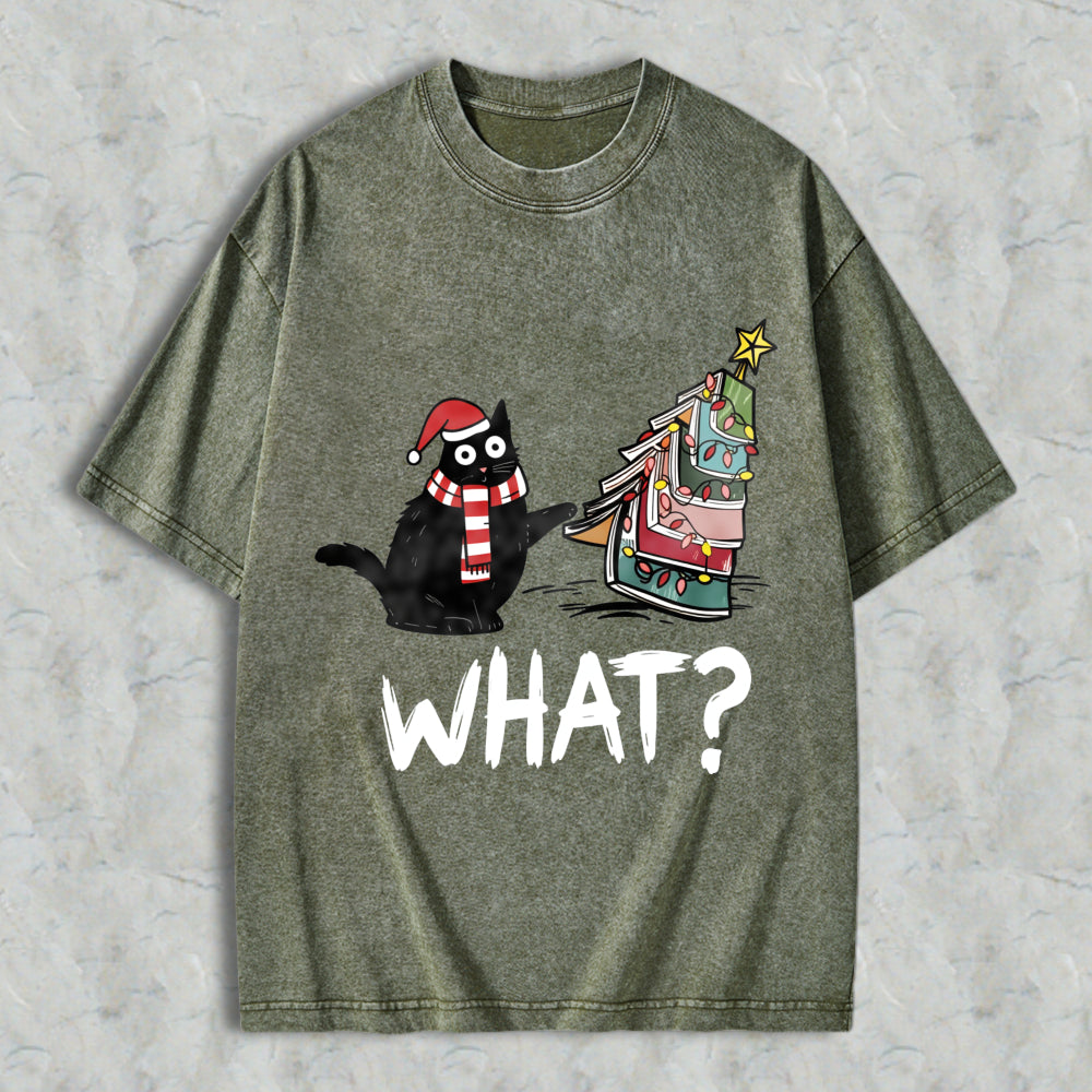 Wardrobecart Cartoon Cat Wearing Santa Hat And Scarf Standing Next To A Christmas Tree With A Star On Top What Question Mark Unisex Washed T-shirt