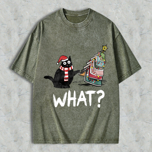 Wardrobecart Cartoon Cat Wearing Santa Hat And Scarf Standing Next To A Christmas Tree With A Star On Top What Question Mark Unisex Washed T-shirt