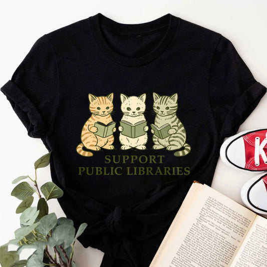Wardrobecart Three Cats Reading Books Support Public Libraries Unisex Classic T-shirt