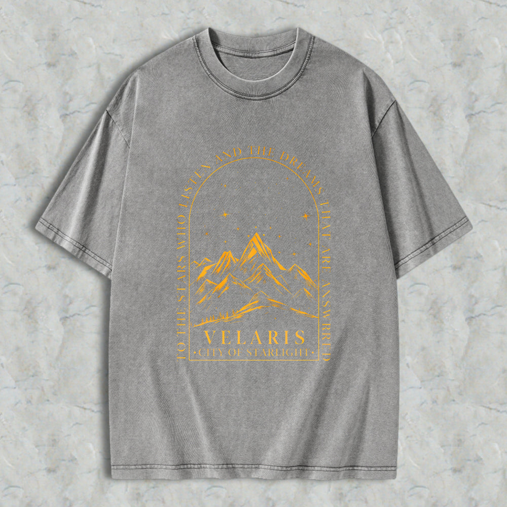 Wardrobecart Mountain Landscape With Stars And Text Velaris City Of Starlight Unisex Washed T-shirt