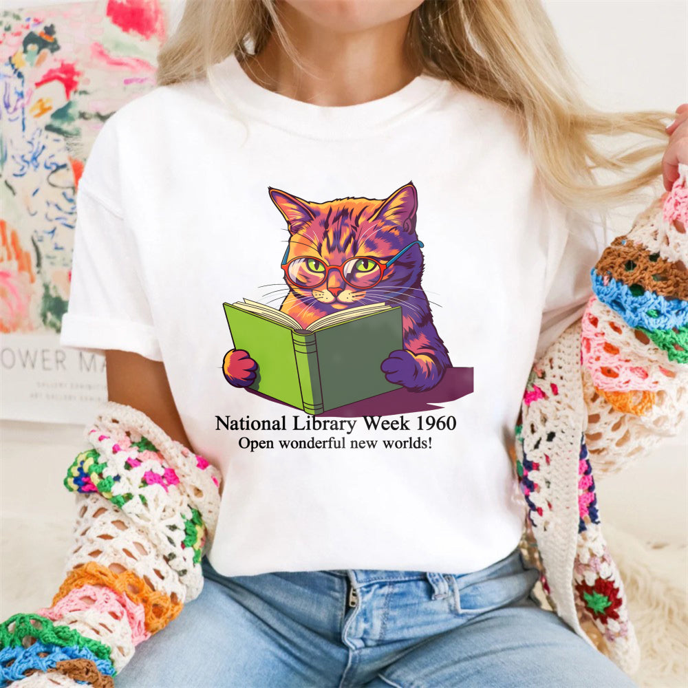 Wardrobecart Cat Reading Book National Library Week 1960 Unisex Classic T-shirt 100% cotton