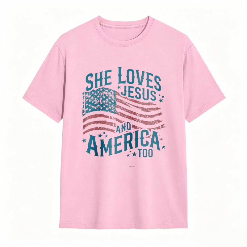 She Loves Jesus And America Too Women's Patriotic T-shirt