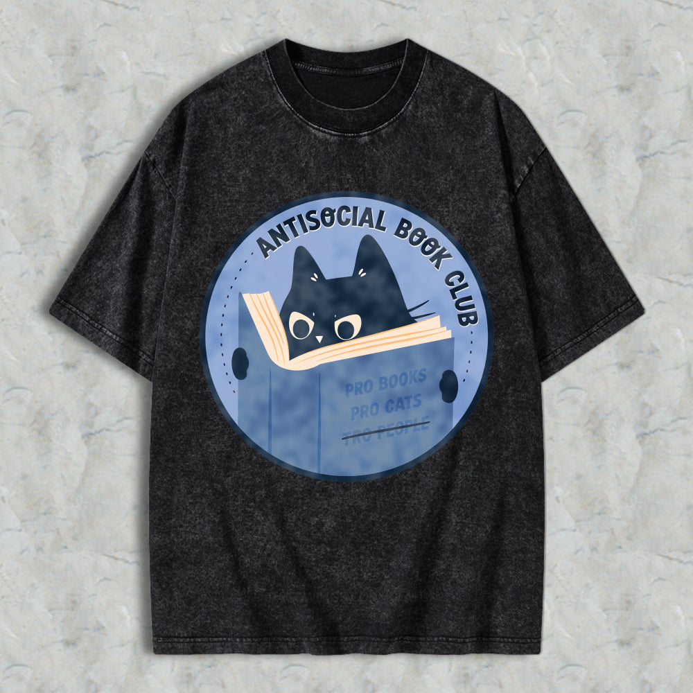 Wardrobecart Antisocial Book Club Cat Reading Book Design Unisex Washed T-shirt