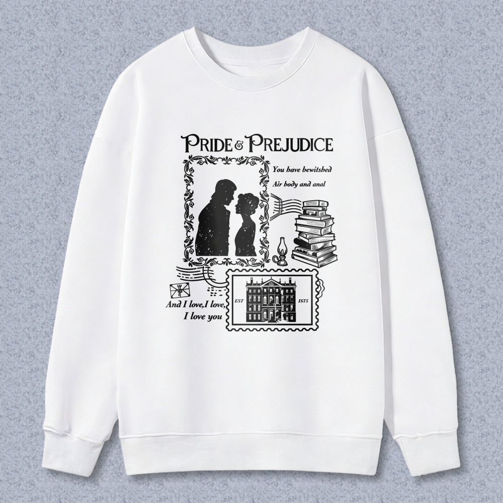 Wardrobecart Pride And Prejudice Book Quote With Couple Silhouette And Stack Of Books Unisex Classic Sweatshirt