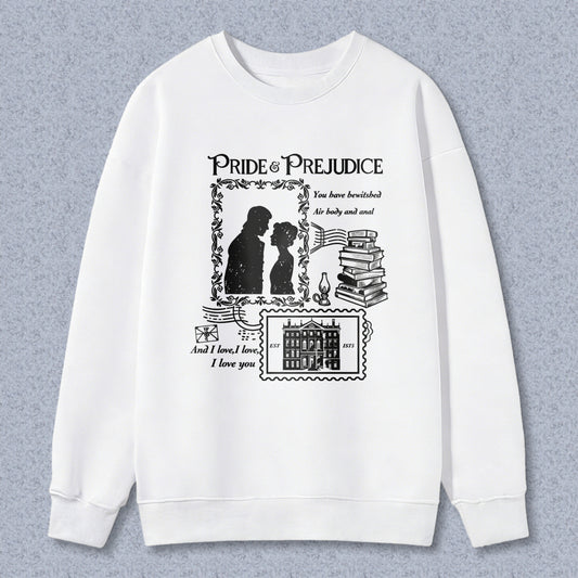Wardrobecart Pride And Prejudice Book Quote With Couple Silhouette And Stack Of Books Unisex Classic Sweatshirt