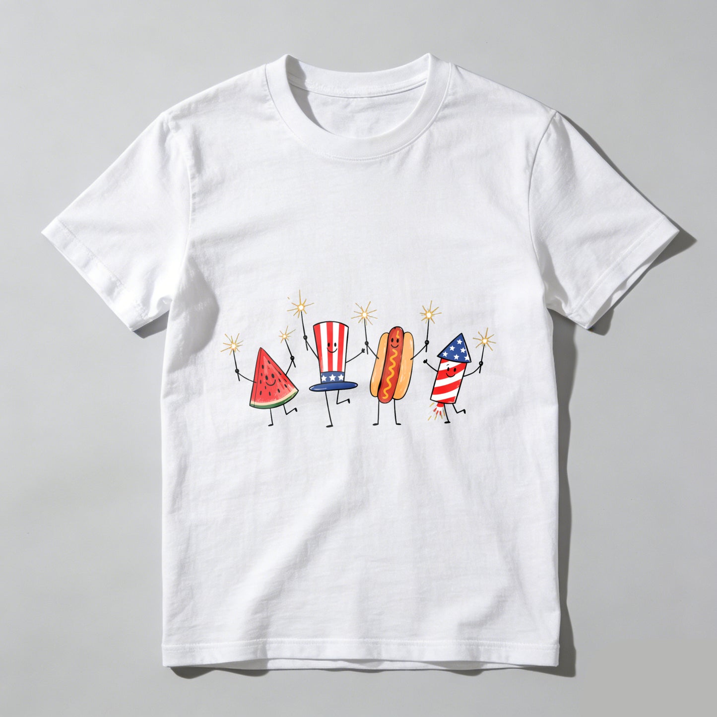 Watermelon Hotdog Firework Patriotic Doodle Fourth of July Shirt