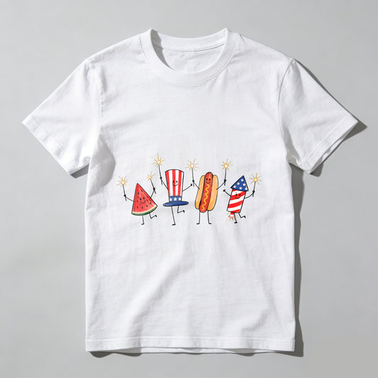 Watermelon Hotdog Firework Patriotic Doodle Fourth of July Shirt