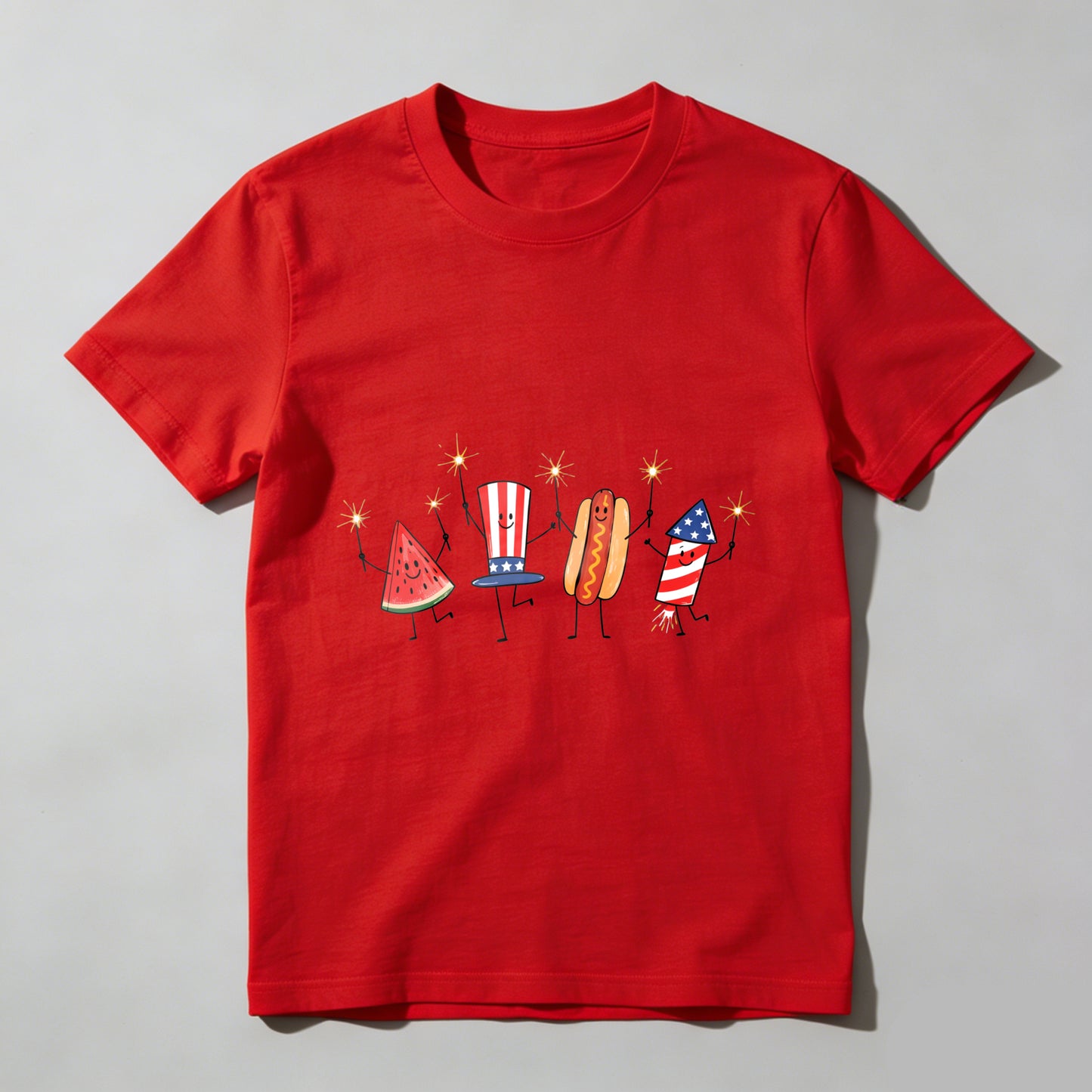 Watermelon Hotdog Firework Patriotic Doodle Fourth of July Shirt