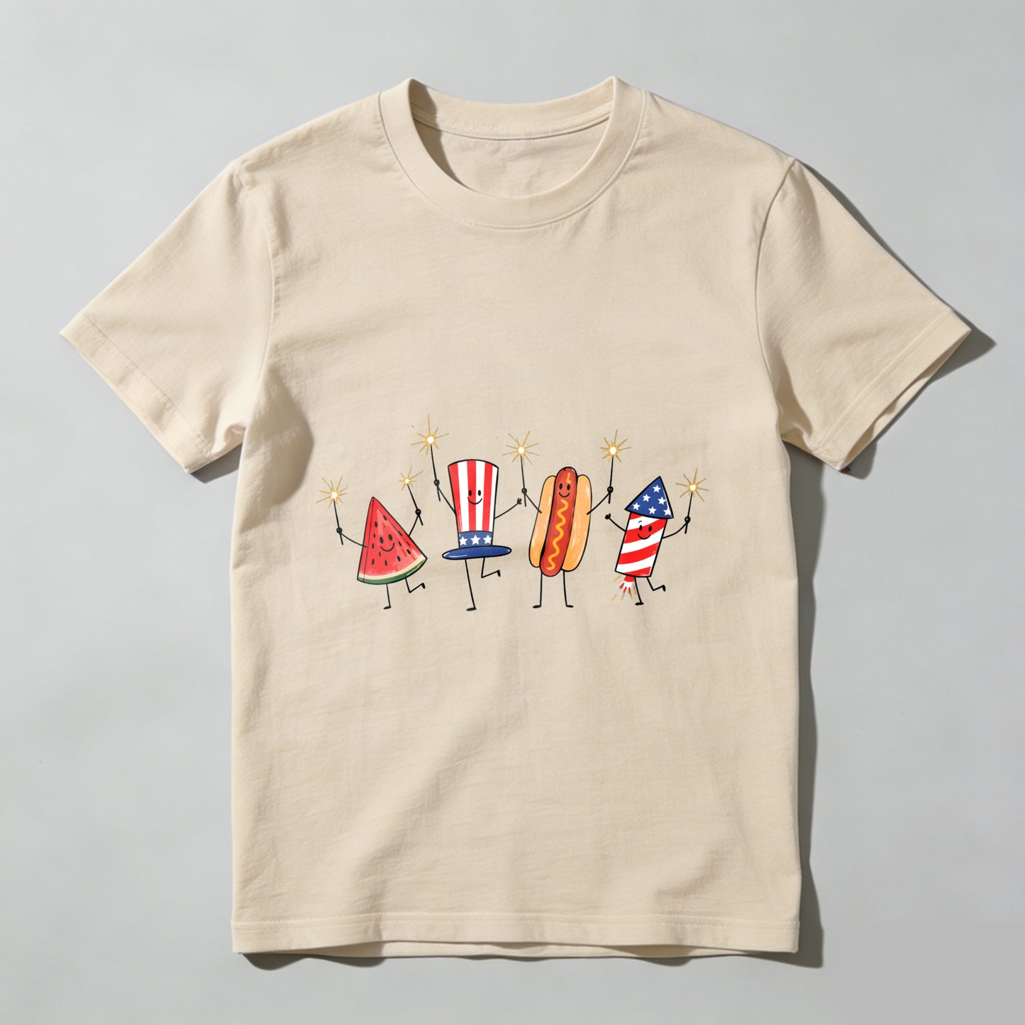 Watermelon Hotdog Firework Patriotic Doodle Fourth of July Shirt