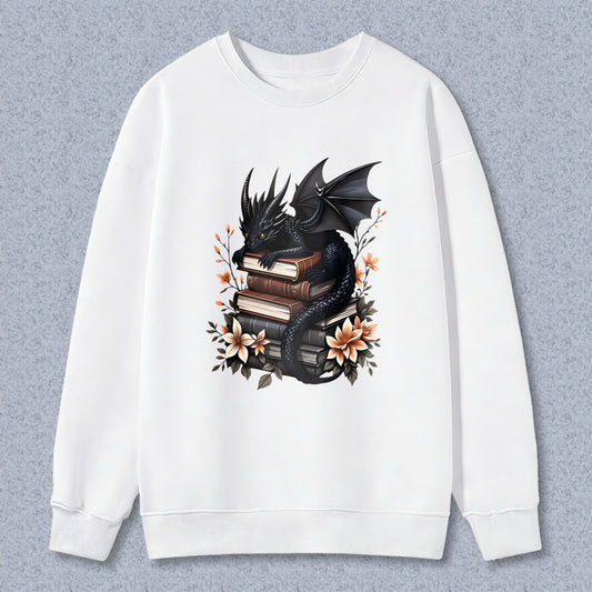 Wardrobecart Dragon And Books With Flowers Unisex Classic Sweatshirt