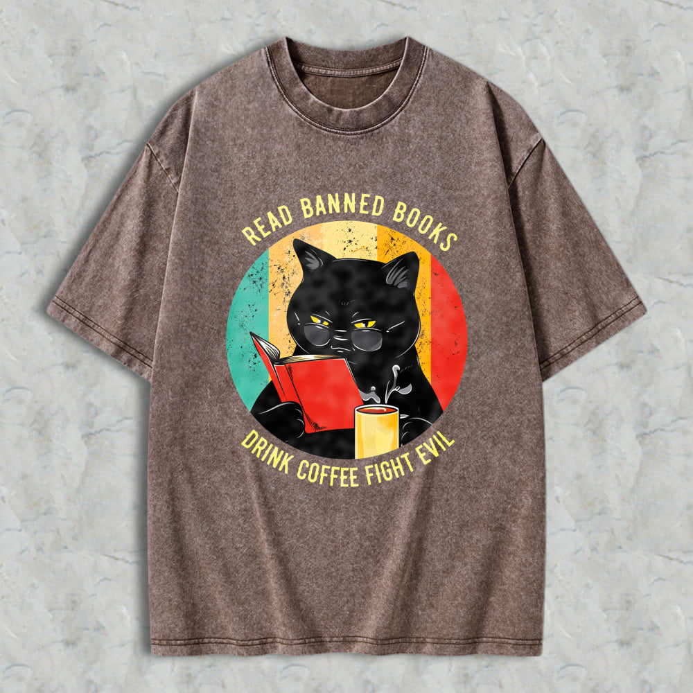 Wardrobecart Cat Reading Book With Coffee And Banned Books Text Unisex Washed T-shirt