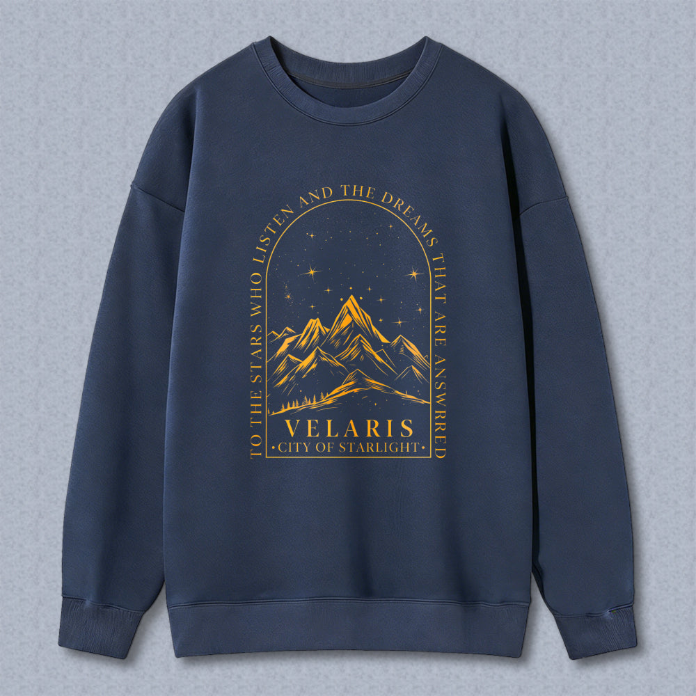 Wardrobecart Mountain Landscape With Stars And Text Velaris City Of Starlight Unisex Classic Sweatshirt