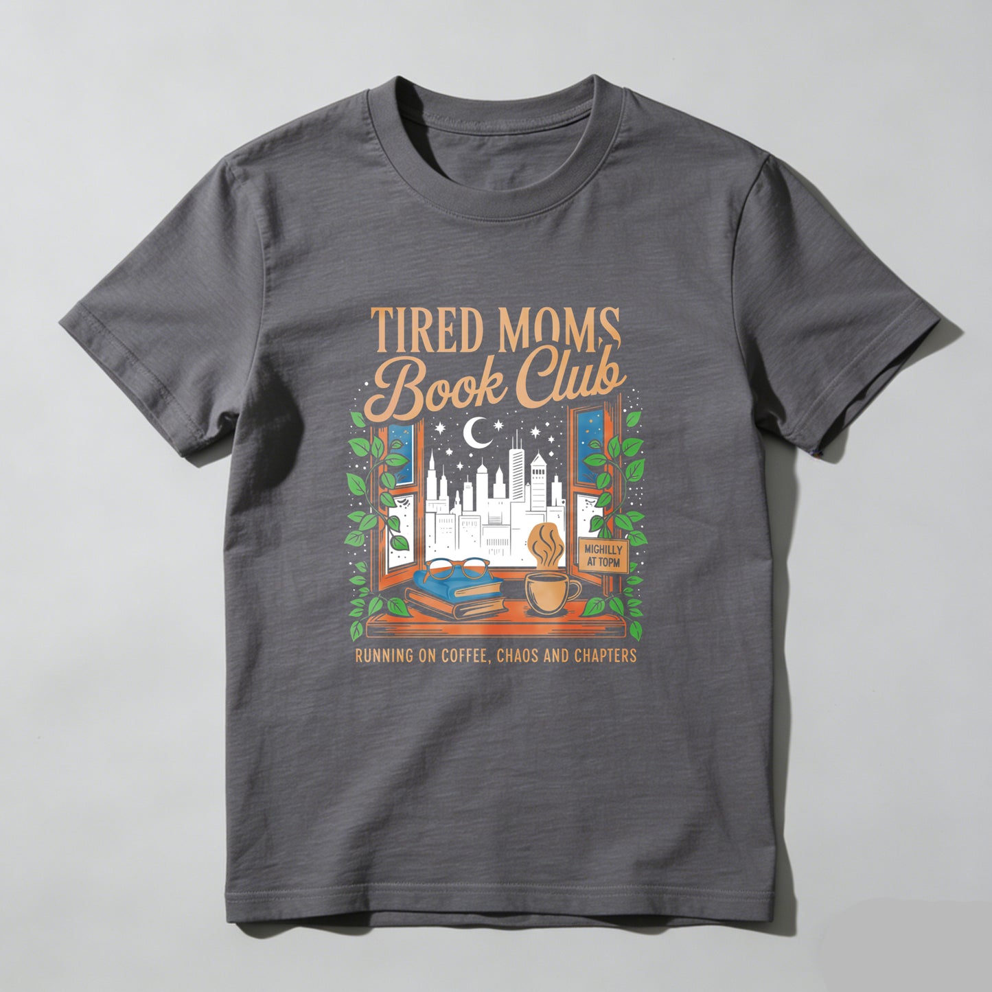 Wardrobecart Tired Moms Book Club Window Scene Coffee Cup Books Cityscape Moon Stars Leaves Unisex Classic T-shirt
