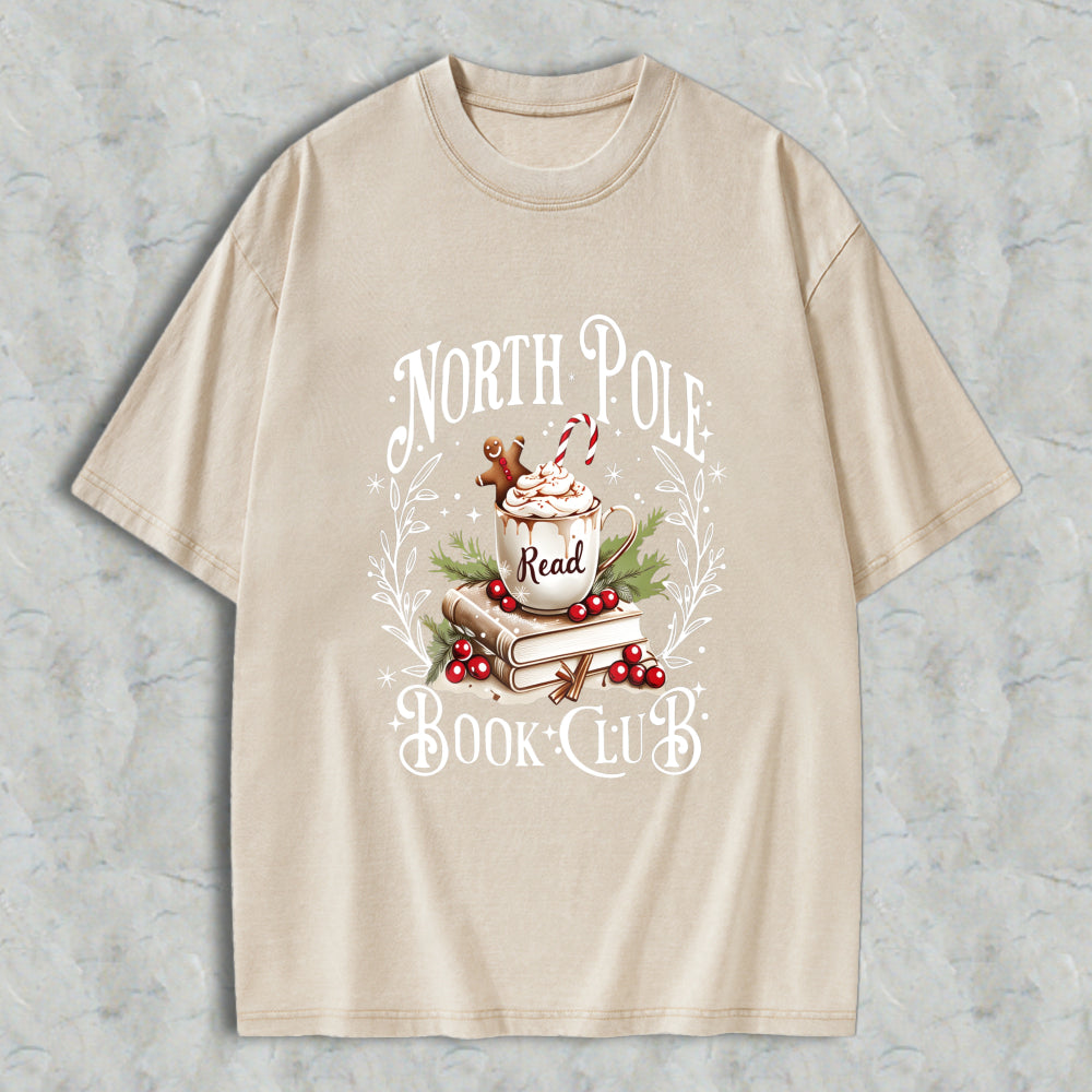 Wardrobecart North Pole Book Club Christmas Reading Theme With Mug Books And Holly Unisex Washed T-shirt