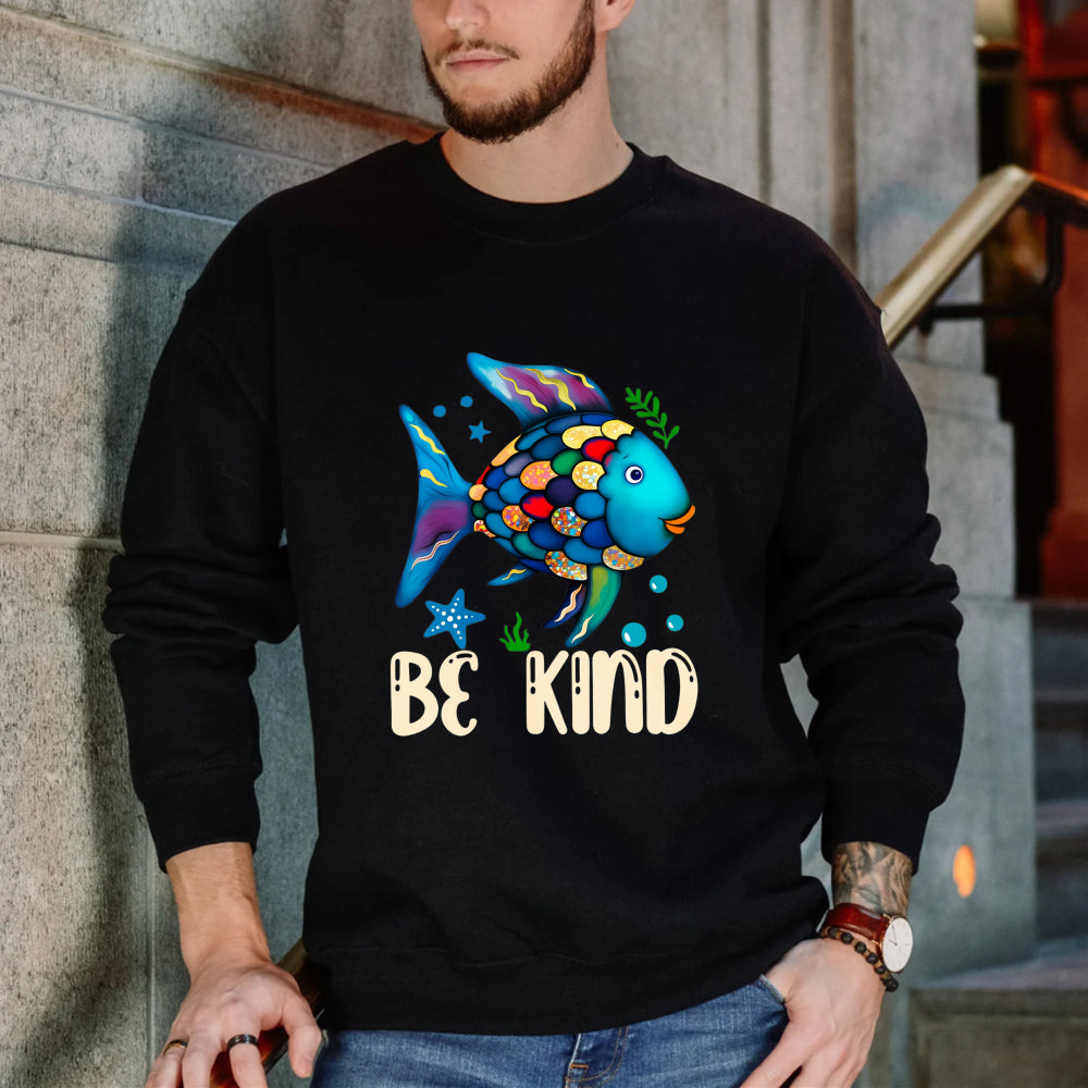 Wardrobecart Colorful Fish With Be Kind Text Unisex Classic Sweatshirt