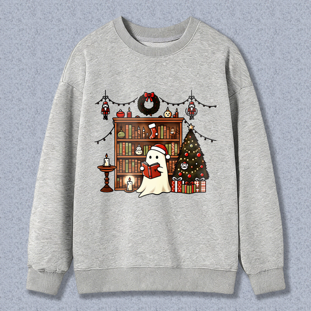 Wardrobecart Ghost Reading Book Christmas Tree Bookshelf Holiday Decor Unisex Classic Sweatshirt