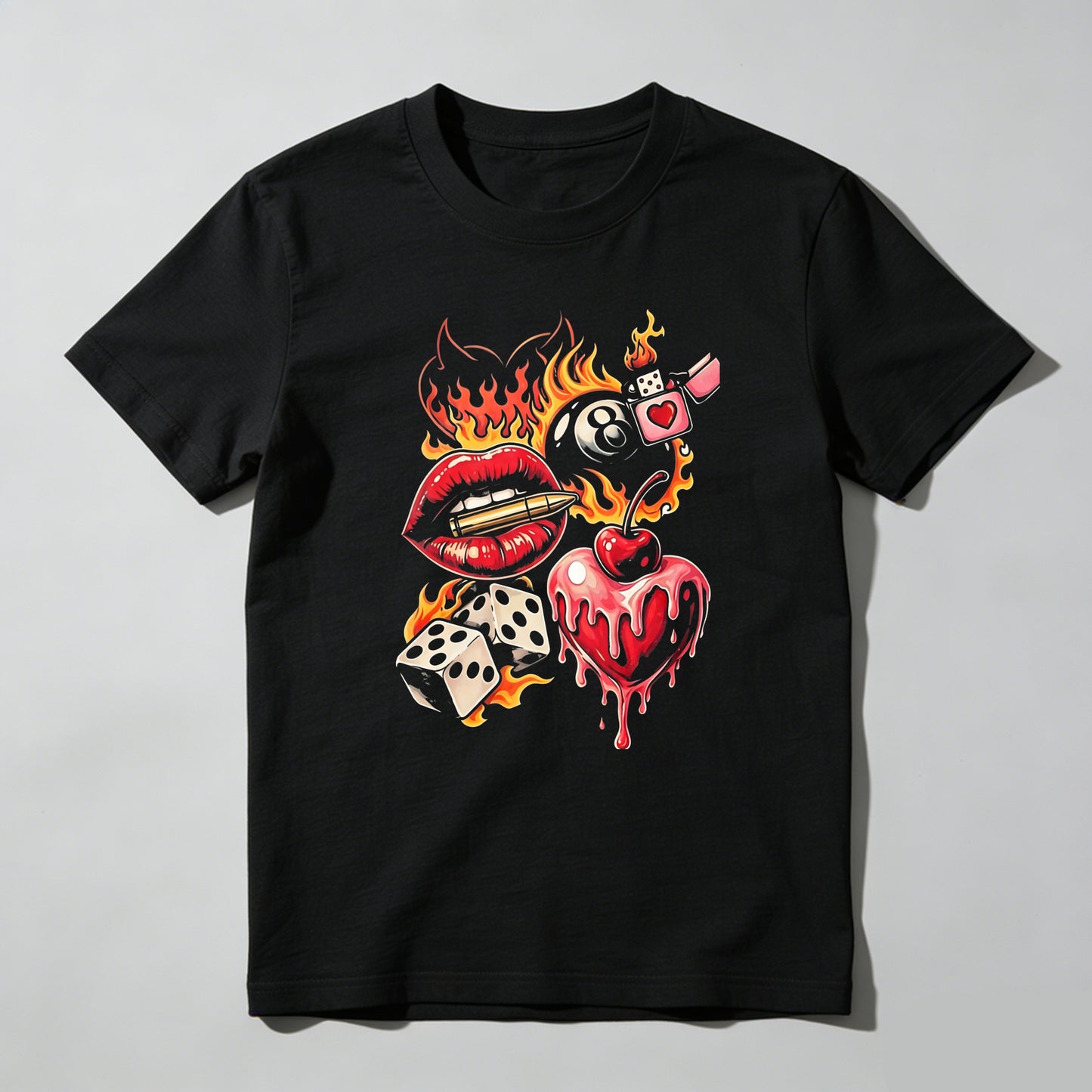 Flaming Lips Heart Dice And Eight Ball Tattoo Style T-shirt