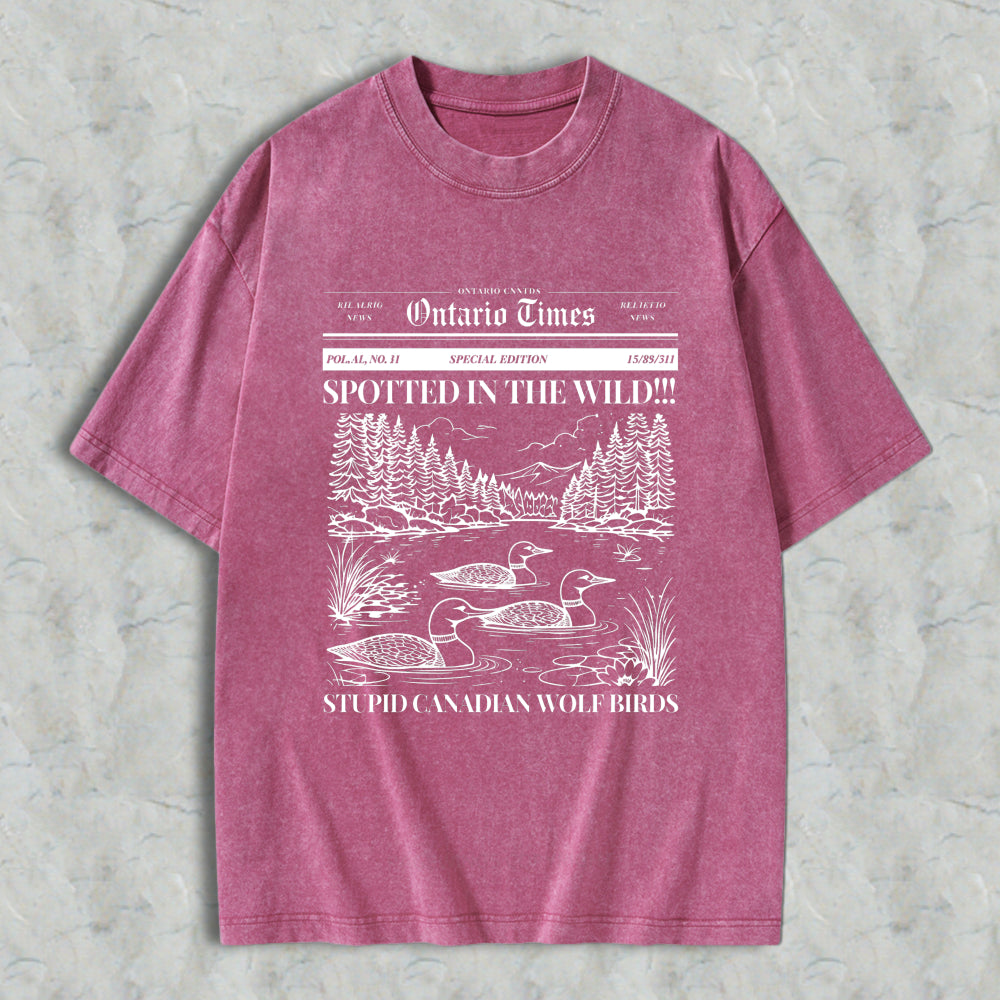 Wardrobecart Duck Scene With Trees And Mountains Spotted In The Wild Stupid Canadian Wolf Birds Ontario Times Newspaper Style Graphic Unisex Washed T-shirt