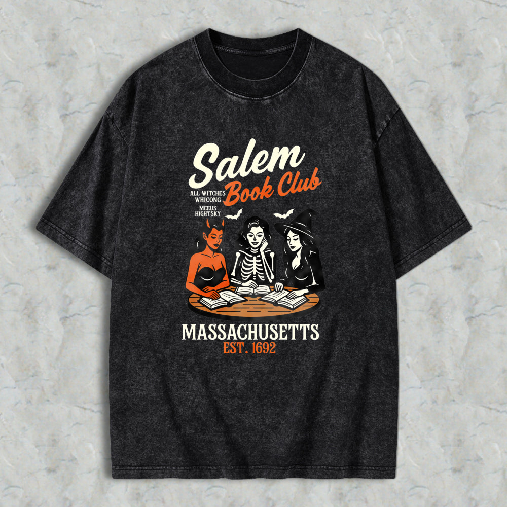 Wardrobecart Salem Book Club Witch Reading Books Massachusetts Est 1692 Unisex Washed T-shirt