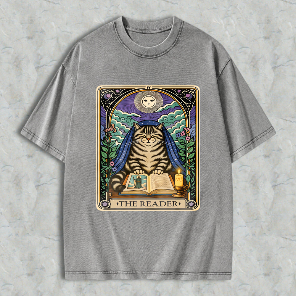 Wardrobecart Cat Reading Book Tarot Card The Reader Unisex Washed T-shirt