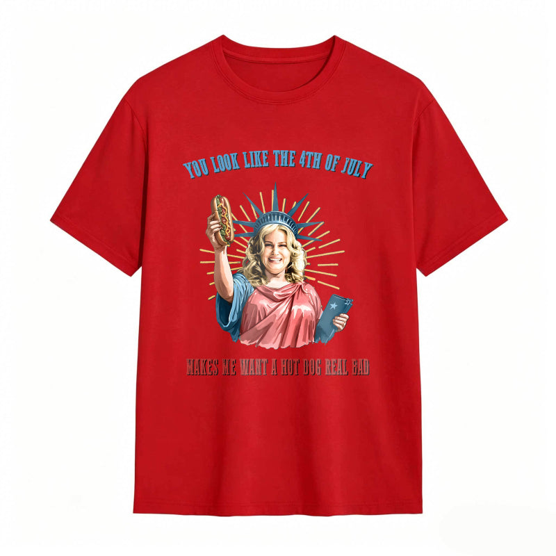 Statue Of Liberty Holding Hot Dog And Tablet With Fourth Of July Text T-shirt