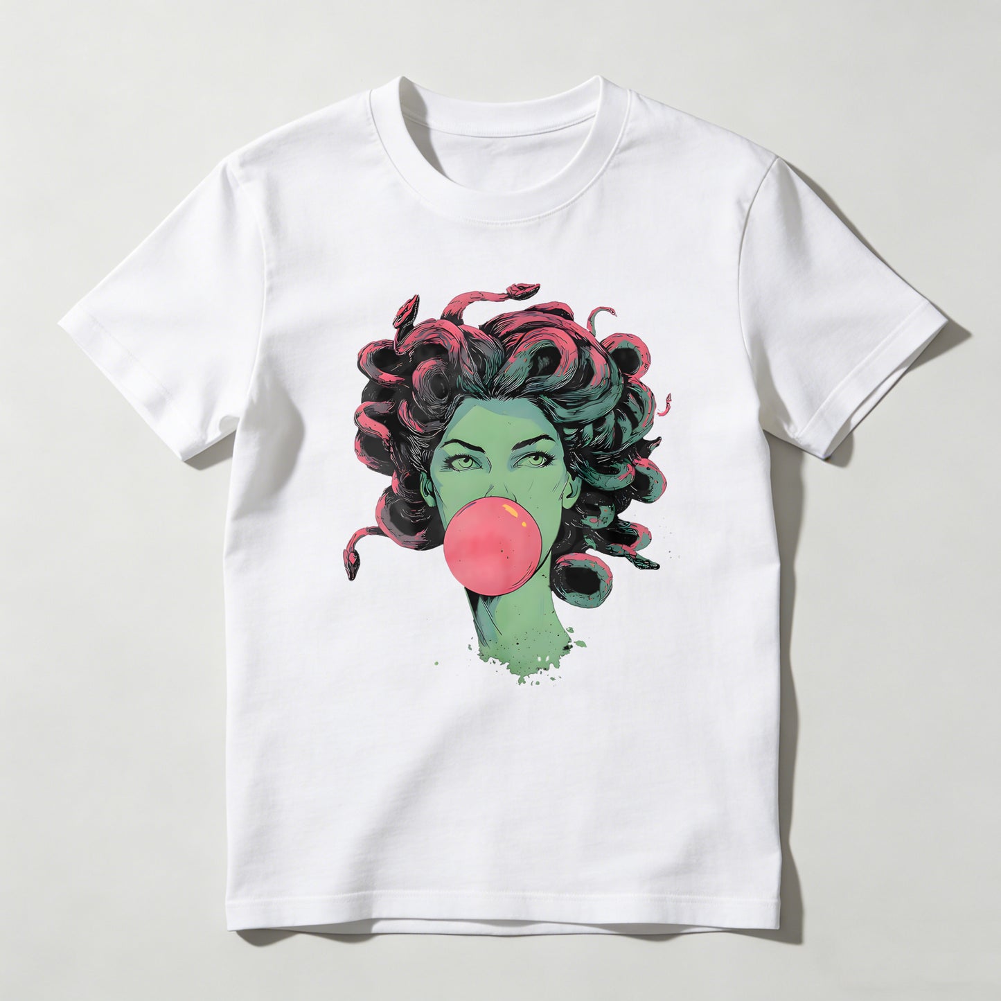 Green Woman With Pink Hair Blowing Bubblegum T-shirt