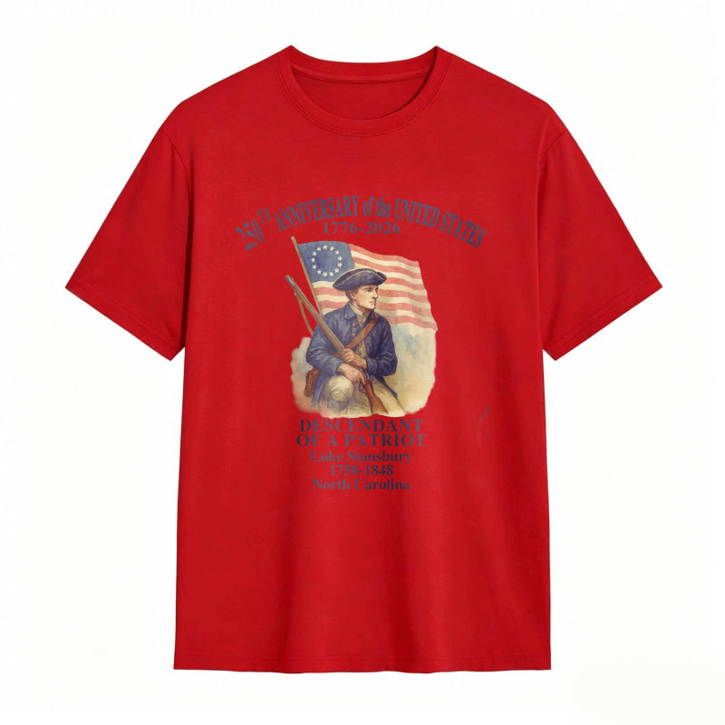 250th Anniversary Of The United States 1776 2026 Descendant Of A Patriot Luke Stansbury 1738 1848 North Carolina T-shirt