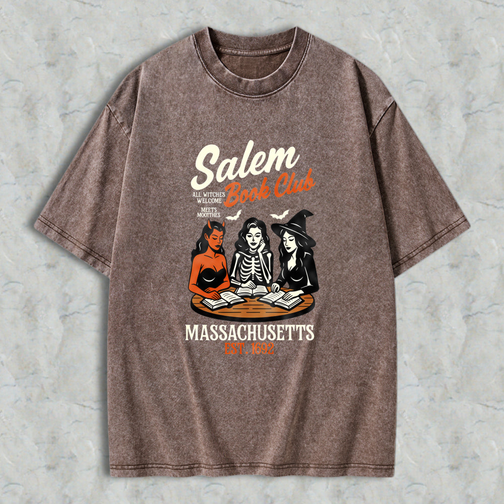 Wardrobecart Salem Book Club Massachusetts Est 1692 Witch Reading Books Vintage Horror Theme Unisex Washed T-shirt