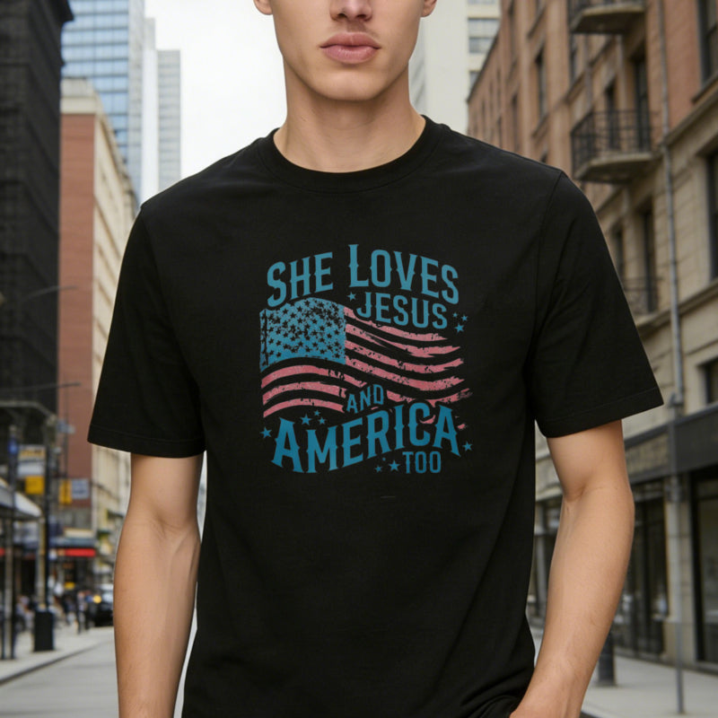 She Loves Jesus And America Too Women's Patriotic T-shirt