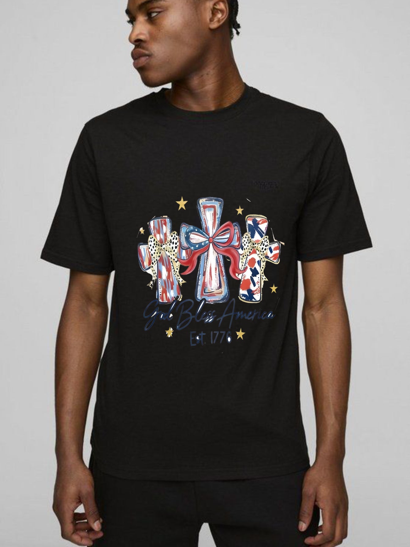 Patriotic Crosses With American Flag Design And God Bless America Text T-shirt