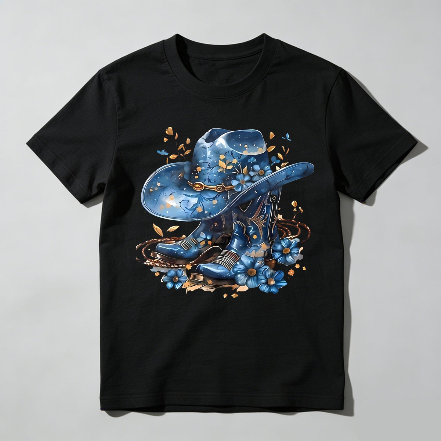 Western Hat And Boots With Blue Flowers T-shirt