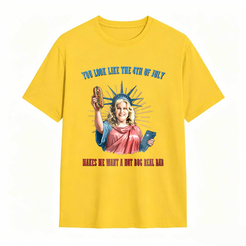 Statue Of Liberty Holding Hot Dog And Tablet With Fourth Of July Text T-shirt