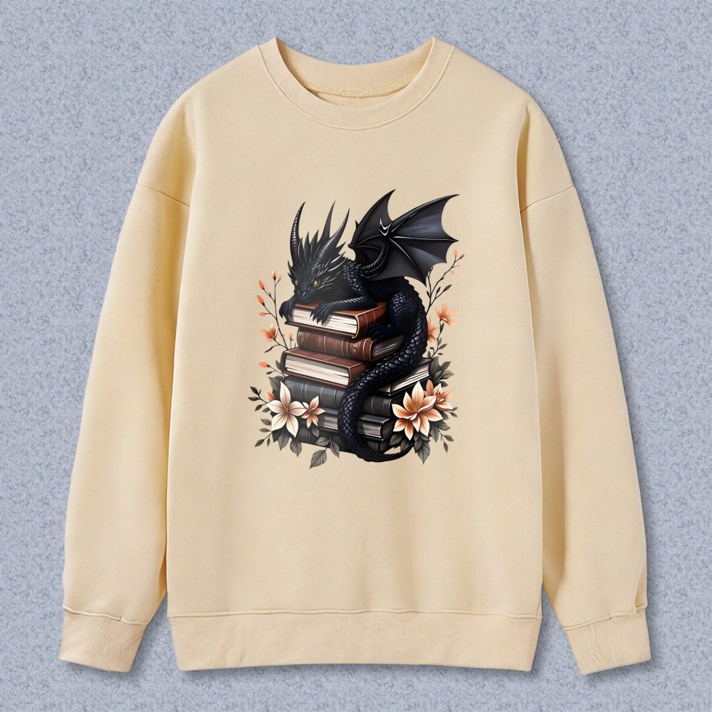 Wardrobecart Dragon And Books With Flowers Unisex Classic Sweatshirt