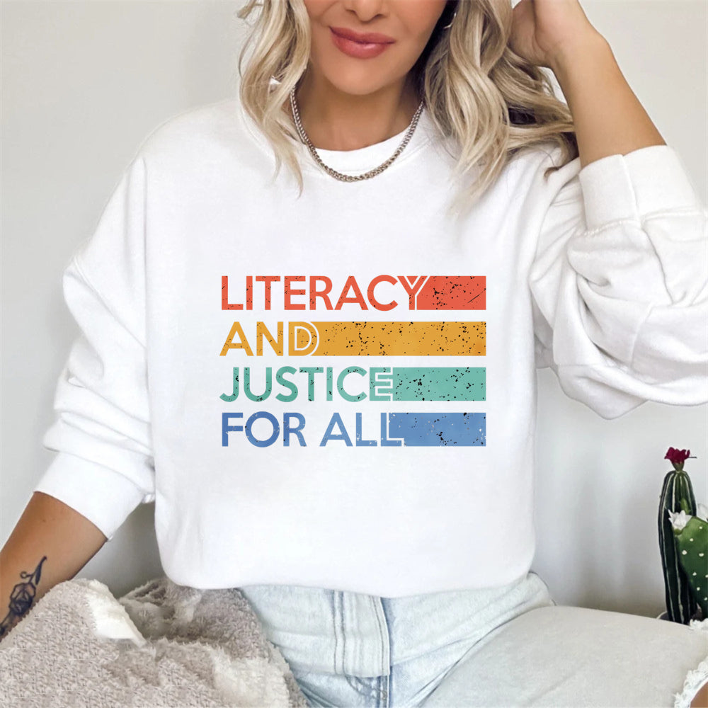 Wardrobecart Literacy And Justice For All Rainbow Text Unisex Classic Sweatshirt